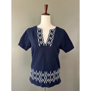 J.CREW Women's V-neck Tunic iKat Top‎ Shirt Embroidery Boho Cotton Navy Sz Small